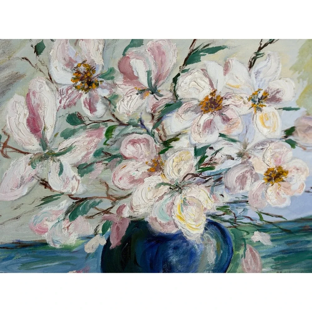 Vintage‎ M Holmes Signed Floral Oil Painting Impasto Flowers Blue Vase Frame